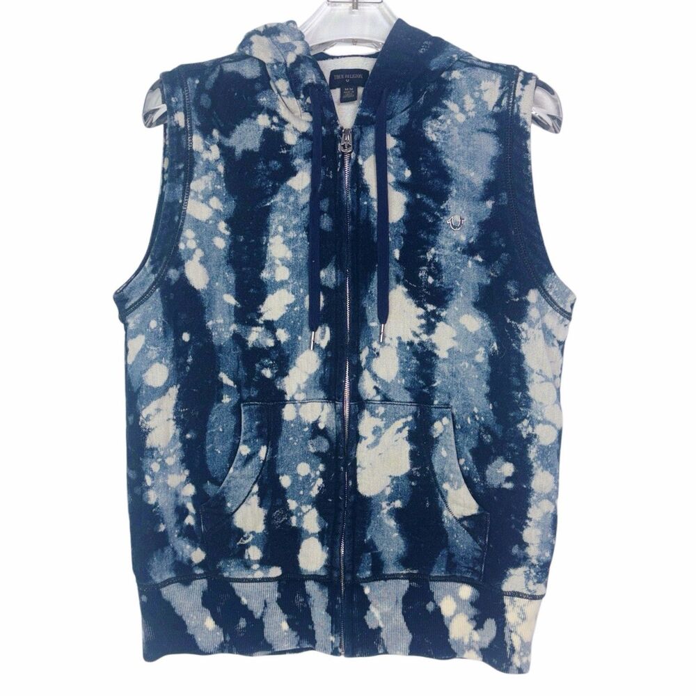 True Religion Size Medium Blue Hoodie Sleeveless Full Zip Vest Pockets Logo